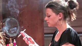 Brunette Smoking 120s Amazing Snaps While Doing Makeup