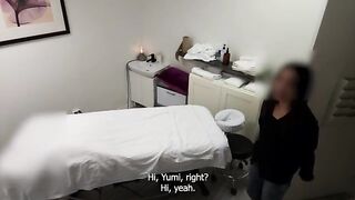 A gorgeous Japanese waitress who was like "no, no, no, I have a boyfriend" when her massage therapist was about to fuck her pussy, but she finished her massage with a big smile on her face