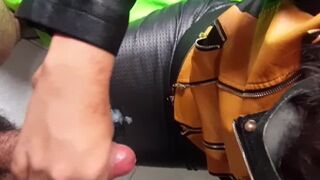 leather mistress handjob & blowjob for a fan custom clip, cumshot on leather skirt